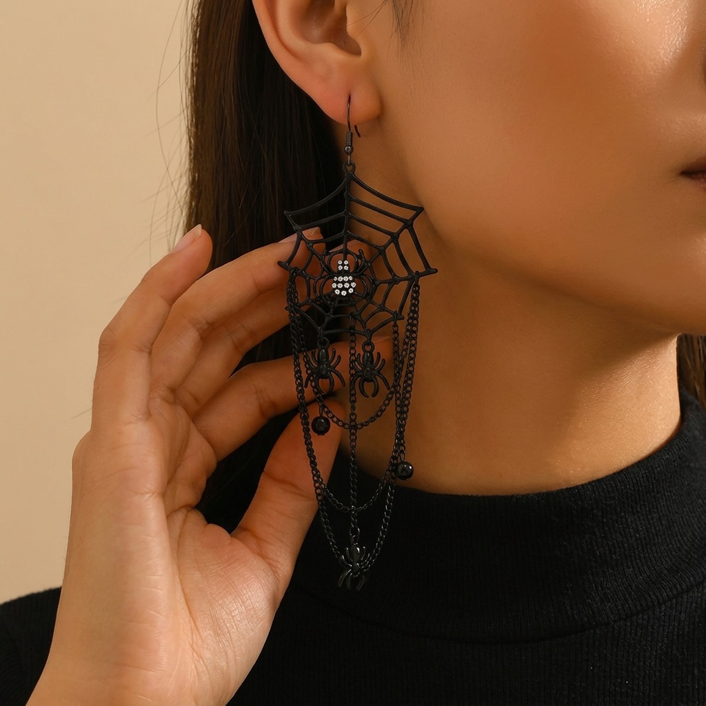 Spiderweb Rhinestone Drop Chain Earrings for Halloween